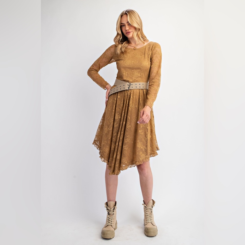 easel Gold Lace Long Sleeve Midi Dress - Picture 3 of 3